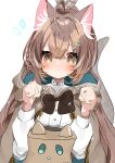  1girl animal_ears bangs blush brown_eyes brown_hair cape capelet cat_ears cat_tail cloak commentary feathers flustered friend_(nanashi_mumei) hair_ornament highres hololive hololive_english nanashi_mumei ponytail ribbon shirt solo sparkle tail white_shirt yunomi_(1126js03cono) 