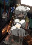  1girl ahoge animal_ears black_horns boots bowl breasts cup day dress drink eyebrows_visible_through_hair from_above gloves grey_hair grey_horns hair_over_one_eye highres horns indoors kemono_friends knees_up large_breasts long_bangs long_hair looking_at_viewer multicolored_horns ox_ears ox_girl ox_horns rinx shirt short_sleeves sitting smile solo steam tail very_long_hair white_dress window yak_(kemono_friends) yellow_shirt 