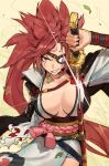  1girl absurdres baiken breasts commentary edpan english_commentary eyepatch forehead_tattoo glint grin guilty_gear highres holding holding_sword holding_weapon japanese_clothes katana kimono large_breasts looking_at_viewer mouth_hold obi red_eyes redhead rope sanpaku sash scabbard sheath shimenawa smile solo stalk_in_mouth sword tassel unsheathing weapon 