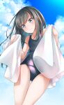  1girl asashio_(kancolle) bangs bare_shoulders black_hair black_swimsuit blue_sky clouds cloudy_sky collarbone comah commentary_request day eyebrows_visible_through_hair green_eyes head_tilt highres holding holding_towel kantai_collection long_hair old_school_swimsuit one-piece_swimsuit outdoors school_swimsuit sky solo standing swimsuit thigh_gap towel very_long_hair 