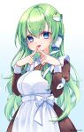  1girl :d alternate_costume apron artist_name bangs blue_eyes blush bow breasts brown_dress cowboy_shot dress enmaided fingers_together frog_hair_ornament gradient gradient_background green_hair hair_between_eyes hair_ornament hair_tubes hands_up highres juliet_sleeves kochiya_sanae large_breasts long_hair long_sleeves looking_at_viewer maid outline puffy_sleeves simple_background smile snake_hair_ornament solo touhou very_long_hair white_apron white_background white_bow white_outline wing_collar yuineko 