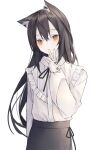  0_(znanimo) 1girl absurdres animal_ears arknights arm_at_side bangs black_dress black_hair black_ribbon closed_mouth collared_shirt cowboy_shot dress ear_piercing eyebrows_visible_through_hair eyes_visible_through_hair frills hair_between_eyes hand_on_own_chin hand_up head_tilt highres light_blush long_hair long_sleeves looking_up neck_ribbon orange_eyes piercing ribbon shirt simple_background solo texas_(arknights) white_background white_shirt wolf_ears 