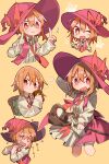  +_+ 1girl :&gt; :d cloneko_(zelmeledf2) fang hat highres holding orange_hair original own_hands_together red_eyes short_hair simple_background skin_fang smile staff translated witch witch_hat 