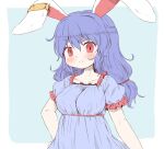  1girl animal_ears arinu bangs blue_background blue_dress blue_hair blush border breasts closed_mouth collarbone dress eyebrows_visible_through_hair hair_between_eyes hair_ornament hand_on_hip long_hair looking_at_viewer medium_breasts pink_eyes puffy_short_sleeves puffy_sleeves rabbit_ears seiran_(touhou) short_sleeves simple_background solo touhou white_border 