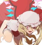  1girl asymmetrical_bangs asymmetrical_hair bangs blonde_hair blood blood_splatter breasts claws commentary_request constricted_pupils crazy_eyes fangs flandre_scarlet frilled_shirt_collar frilled_skirt frills hat highres kerok_(joniko1110) looking_at_viewer lower_teeth medium_breasts mob_cap one_side_up open_mouth puffy_short_sleeves puffy_sleeves rainbow_order red_eyes short_hair_with_long_locks short_sleeves side_ponytail simple_background skirt slit_pupils smile solo teeth tongue touhou upper_body white_background wings 
