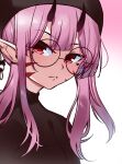  1girl closed_mouth commission eyebrows_visible_through_hair facial_mark glasses highres horns long_hair looking_at_viewer original pink_hair pointy_ears pon_fresh round_eyewear solo upper_body 