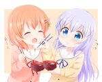  2girls :t araki495 bangs blue_eyes blue_hair blue_ribbon blush bowl brown_background brown_hair brown_sweater chopsticks closed_eyes closed_mouth commentary_request eating eyebrows_visible_through_hair flying_sweatdrops gochuumon_wa_usagi_desu_ka? hair_between_eyes hair_ornament hairclip highres holding holding_bowl holding_chopsticks hoto_cocoa kafuu_chino long_hair long_sleeves mochi multiple_girls neck_ribbon open_mouth pink_sweater red_ribbon ribbon sailor_collar school_uniform serafuku sweater two-tone_background upper_body very_long_hair wavy_mouth white_background white_sailor_collar 