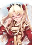  1girl bangs blonde_hair blush breasts ereshkigal_(fate) fate/grand_order fate_(series) highres long_hair long_sleeves looking_at_viewer medium_breasts open_mouth parted_bangs red_eyes smile solo two_side_up yuki_haru 