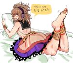  1girl anklet backless_outfit bangs barefoot belt black_belt black_sailor_collar blouse blush breasts brown_hair earmuffs gold highres jewelry kuya_(hey36253625) leg_up lying on_stomach open_mouth pillow pink_blouse pointy_hair purple_skirt revision sailor_collar short_hair simple_background skirt sleeveless_blouse small_breasts smirk toenails toes touhou toyosatomimi_no_miko translation_request white_background yellow_eyes 