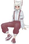  1girl absurdres arm_support artist_name bangs blunt_bangs blush bow expressionless eyebrows_visible_through_hair flat_chest fujiwara_no_mokou full_body hair_bow highres juliet_sleeves long_hair long_sleeves looking_at_viewer nose_blush pants puffy_sleeves red_bow red_eyes red_footwear red_pants shirt silver_hair simple_background sitting solo suspenders touhou upper_body white_background white_bow white_shirt wing_collar yadoyuki 