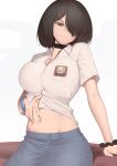  1girl black_choker black_hair breasts brown_eyes choker collared_shirt desk feet_out_of_frame grey_skirt hair_ornament hair_over_one_eye hairclip hand_on_own_stomach highres indonesian_clothes large_breasts looking_at_viewer looking_down midriff navel open_mouth original parted_lips revian_samuel_dani school_uniform scrunchie shirt short_hair short_sleeves simple_background sitting skirt smile teeth white_background white_shirt wrist_scrunchie wristband 