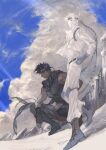  2boys battle_tendency boots caesar_anthonio_zeppeli clouds crop_top facial_mark feather_hair_ornament feathers fingerless_gloves ghost gloves hair_ornament highres jojo_no_kimyou_na_bouken joseph_joestar joseph_joestar_(young) knee_pads male_focus midriff mitus mountain multiple_boys muted_color scarf sky squatting striped striped_scarf triangle_print 
