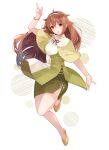  1girl alternate_costume black_ribbon breasts brown_eyes brown_hair capelet dress eyebrows_visible_through_hair full_body green_capelet green_dress hair_between_eyes hairband kantai_collection long_hair open_mouth ribbon shakemi_(sake_mgmgmg) shiratsuyu_(kancolle) shiratsuyu_kai_ni_(kancolle) smile solo white_background white_hairband yellow_footwear 