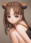  1girl bangs bare_shoulders black_shirt brown_background brown_eyes brown_hair bun_cover child closed_mouth double_bun form_code from_side half_updo knees_up long_hair looking_at_viewer murata_range parted_bangs shirt sitting sleeveless solo straight_hair upper_body 
