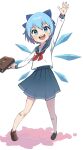  1girl :d alternate_costume arm_up bandaid bandaid_on_leg bangs blue_bow blue_eyes blue_hair blue_skirt blush bow cirno collarbone commentary_request eyelashes flat_chest full_body hair_bow happy highres ice ice_wings loafers long_sleeves looking_at_viewer miz_(mizillustration) open_mouth pleated_skirt red_ribbon ribbon sailor_collar school_briefcase school_uniform shiny shiny_hair shoes short_hair simple_background skirt smile solo standing teeth touhou upper_teeth v-shaped_eyebrows white_background white_serafuku wings 