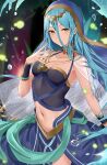  1girl azura_(fire_emblem) blue_hair blue_shirt blue_skirt circlet closed_mouth cowboy_shot crop_top dancer fire_emblem fire_emblem_fates fire_emblem_heroes floating_hair gold hand_up haru_(nakajou-28) highres jewelry long_hair looking_at_viewer midriff navel necklace official_alternate_costume shirt skirt smile solo veil very_long_hair water_drop wrist_cuffs yellow_eyes 