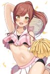  1girl absurdres alternate_hairstyle arm_up armpits bangs blush brown_hair cheering cheerleader clothes_writing crop_top eyebrows_visible_through_hair highres holding holding_pom_poms idolmaster idolmaster_shiny_colors long_hair midriff navel oosaki_amana open_mouth pleated_skirt pom_pom_(cheerleading) ponytail shirt skirt sleeveless sleeveless_shirt smile solo sweat swept_bangs wanimaru yellow_eyes 