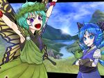 2girls aqua_hair arm_up blue_bow blue_dress blue_eyes blue_hair bow butterfly_wings cirno crossed_arms day detached_wings dress eternity_larva eyebrows_visible_through_hair facial_tattoo fairy fangs green_dress hair_between_eyes hair_bow head_wreath ice ice_wings leaf leaf_on_head multicolored_clothes multicolored_dress multiple_girls open_mouth ryuuichi_(f_dragon) short_hair short_sleeves smile snowflake_pupils symbol-shaped_pupils tattoo touhou violet_eyes wings 