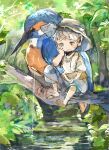  1girl ame_sato animal blue_bird clouds commentary_request day fishing fishing_line fishing_rod hat nature original outdoors oversized_animal painting_(medium) river sitting sky solo straw_hat tired traditional_media tree water 