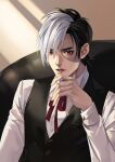  1boy absurdres black_hair black_jack_(character) black_jack_(series) highres indoors kitikumeganer light long_sleeves looking_at_viewer male_focus parted_lips red_eyes red_ribbon ribbon shirt sitting solo stitches upper_body vest white_hair white_shirt 