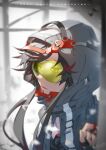  1girl absurdres bangs black_hair bleemjay dog_tags expressionless goggles highres jacket looking_to_the_side lucia_(punishing:_gray_raven) multicolored_hair punishing:_gray_raven red_eyes signature 