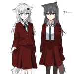  2girls :d absurdres animal_ear_fluff animal_ears arknights bangs black_hair black_nails black_necktie blazer blue_eyes chihuri closed_mouth collared_shirt eyebrows_visible_through_hair grey_hair hair_between_eyes hair_ornament hairclip highres jacket lappland_(arknights) long_hair looking_at_viewer multicolored_hair multiple_girls nail_polish necktie open_clothes open_jacket pleated_skirt red_jacket red_skirt redhead school_uniform shirt simple_background skirt smile streaked_hair tail texas_(arknights) very_long_hair white_background white_shirt 
