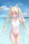  1girl animal_ears arm_behind_back bangs blonde_hair blue_sky blush breasts chucolala clouds cloudy_sky collarbone cowboy_shot day eyebrows_visible_through_hair hair_between_eyes hand_up highleg highleg_swimsuit highres jawr8473 long_hair looking_at_viewer medium_breasts navel ocean one-piece_swimsuit outdoors red_eyes sky smile solo standing suzumiya_rin swimsuit tail twintails very_long_hair virtual_youtuber wading water wet white_swimsuit 
