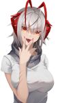  1girl absurdres antenna_hair arknights bangs breasts eyebrows_visible_through_hair fangs fingernails grey_scarf grey_shirt highres horns large_breasts long_fingernails looking_at_viewer multicolored_hair nail_polish open_mouth red_eyes red_nails redhead scar scar_on_arm scarf shirt short_sleeves silver_hair simple_background solo teeth tongue tongue_out two-tone_hair upper_body upper_teeth w_(arknights) white_background yueyue_no_hand 