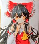  1girl ahoge ascot bare_shoulders black_hair bow closed_mouth collarbone collared_shirt commentary_request detached_sleeves finger_to_mouth frilled_ascot frilled_bow frilled_hair_tubes frilled_shirt_collar frills hair_between_eyes hair_bow hair_tubes hakurei_reimu long_hair looking_at_viewer orange_eyes photo_(medium) red_bow red_ribbon red_shirt ribbon ribbon-trimmed_sleeves ribbon_trim ritokun_0103 shirt simple_background sleeve_ribbon sleeveless sleeveless_shirt solo touhou traditional_media upper_body white_background yellow_ascot 