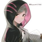  1girl bangs black_robe book brown_eyes brown_gloves closed_mouth commentary_request fire_emblem fire_emblem_awakening gloves gold_trim grey_shirt haru_(nakajou-28) holding holding_book hood hood_up hooded_robe long_hair looking_at_viewer open_book open_clothes robe robin_(fire_emblem) robin_(fire_emblem)_(female) shirt simple_background solo swept_bangs twitter_username upper_body white_background white_hair 