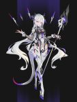  1girl absurdres breasts cancell dark_background earrings hair_between_eyes highres holding holding_weapon horns jewelry leotard long_hair looking_at_viewer open_mouth original purple_nails red_eyes science_fiction small_breasts solo tail thigh-highs weapon white_hair 