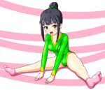  1girl athletic_leotard black_hair green_eyes green_leotard hair_bun hamaguchi_ayame idolmaster idolmaster_cinderella_girls leotard long_sleeves pink_legwear rakukisa sidelocks sitting smile socks solo stretch 