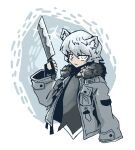  1boy animal_ears arknights bear_boy bear_ears closed_mouth fingerless_gloves fur_collar gloves grey_eyes grey_hair highres jacket jaye_(arknights) juztpl4y1 knife looking_at_viewer male_focus short_hair simple_background sleepy solo sparkle tired weapon 