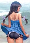  absurdres ass bangs bare_arms bare_shoulders bikini_tan black_hair black_swimsuit blue_dress blush bow braid brown_eyes clothes_lift cowboy_shot dress dress_lift from_behind hair_bow hair_over_shoulder hair_ribbon highres lifted_by_self long_hair looking_at_viewer looking_back murata_range ocean one-piece_swimsuit one-piece_tan original profile purple_bow purple_ribbon ribbon school_swimsuit short_dress skirt skirt_lift smile solo standing strapless strapless_dress striped striped_bow striped_ribbon swimsuit swimsuit_under_clothes tan tanlines twin_braids 