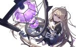  1girl arknights bangs brown_hair commentary_request hair_ornament highres indigo_(arknights) infection_monitor_(arknights) long_hair looking_up parted_lips shrug_(clothing) simple_background snake_tail solo staff tail tngn96 very_long_hair violet_eyes white_background 