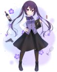 1girl ark_order bangs black_footwear black_legwear black_skirt blue_bow blue_bowtie blue_flower blue_vest blush boots bottle bow bowtie bullet closed_mouth cross-laced_footwear cup drinking_glass flower frilled_sleeves frills gochuumon_wa_usagi_desu_ka? gun hair_ornament hairclip hand_on_hip handgun holding holding_menu ikataruto lace-up_boots long_hair long_sleeves looking_at_viewer menu official_art pantyhose petals puffy_long_sleeves puffy_sleeves purple_hair rabbit_house_uniform shirt sidelocks skirt smile solo split_mouth standing tachi-e tedeza_rize transparent_background twintails very_long_hair vest violet_eyes weapon white_shirt wine_bottle wine_glass 