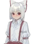  1girl artist_name bangs blunt_bangs blush bow expressionless eyebrows_visible_through_hair flat_chest fujiwara_no_mokou hair_bow highres juliet_sleeves long_hair long_sleeves looking_at_viewer nose_blush pants puffy_sleeves red_bow red_eyes red_pants shirt silver_hair simple_background solo suspenders touhou upper_body white_background white_bow white_shirt wing_collar yadoyuki 