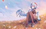  absurdres ahoge bangs bare_shoulders bell black_legwear blue_hair blue_sky blush breasts chinese_knot detached_sleeves field flower flower_field flower_knot ganyu_(genshin_impact) genshin_impact gold_trim grass high_heels highres horns knees_up koseikogani long_hair looking_at_viewer medium_breasts multicolored_eyes neck_bell outdoors petals red_rope rope sidelocks sitting sky smile solo thighlet very_long_hair vision_(genshin_impact) white_flower white_sleeves 