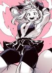  1girl arms_up blue_stripes bodysuit boku_no_hero_academia breasts highres looking_at_viewer medium_breasts monochrome open_mouth pink_background short_hair skirt smile solo symbol-only_commentary takatsuki_ichi teeth uraraka_ochako 