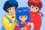  1980s_(style) 3girls bangs blue_background blue_eyes blue_hair braid braided_ponytail chinese_clothes double_bun genderswap genderswap_(mtf) hand_on_another&#039;s_shoulder long_hair long_sleeves looking_at_viewer multiple_girls non-web_source official_art purple_hair ranma-chan ranma_1/2 red_eyes redhead retro_artstyle saotome_ranma shampoo_(ranma_1/2) short_hair simple_background smile tendou_akane 