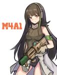  1girl armband bad_gun_anatomy black_hair black_panties blush breasts character_name closed_mouth clothes_around_waist girls_frontline gloves green_vest grey_gloves headset highres jacket jacket_around_waist long_hair looking_at_viewer m4a1_(girls&#039;_frontline) medium_breasts multicolored_hair omurainu panties simple_background solo streaked_hair underwear vest white_background yellow_eyes 