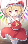  1girl ascot blonde_hair blush crystal e.o. eyebrows_visible_through_hair fang flandre_scarlet frilled_skirt frills hair_between_eyes hat highres long_hair mob_cap open_mouth red_eyes red_skirt red_vest side_ponytail skirt smile solo thigh-highs touhou vest white_headwear white_legwear wings yellow_ascot 
