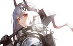  1girl :o arknights black_gloves gloves gradient gradient_background hair_ornament hammer holding holding_hammer holding_weapon horns long_hair long_sleeves looking_at_viewer looking_to_the_side milluun mudrock_(arknights) open_mouth pointy_ears red_eyes silver_hair solo upper_body weapon white_background 