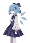  1girl absurdres alternate_costume bangs blue_bow blue_eyes blue_hair bow cirno closed_mouth from_side hair_bow hair_ornament hairclip highres ice ice_wings looking_at_viewer puffy_sleeves shocho_(shaojiujiu) short_hair simple_background solo standing touhou white_background wings 