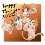  1girl 2022 abs animal_ears animal_print arm_warmers bangs barefoot bikini black_hair breasts chinese_zodiac claw_pose commentary eiji_(eiji) english_text eyebrows_visible_through_hair fang feet fur_scarf gradient_hair grin happy_new_year highres jumping looking_at_viewer medium_breasts multicolored_hair new_year orange_background orange_bikini orange_hair orange_legwear original outside_border print_bikini print_legwear short_hair smile soles solo swimsuit tail thigh-highs tiger_ears tiger_girl tiger_print tiger_tail toeless_legwear toes year_of_the_tiger 