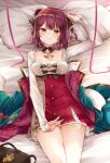  1girl alt_(ctrldel) atelier_(series) atelier_sophie bag bangs bed_sheet blush braid breasts commentary_request detached_collar eyebrows_visible_through_hair green_jacket hair_between_eyes highres jacket long_sleeves looking_at_viewer lying medium_breasts on_back pillow red_eyes red_skirt redhead shirt short_hair sidelocks single_braid skirt smile solo sophie_neuenmuller white_shirt 
