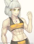  1girl abs animal_ears artist_name bangs blunt_bangs bow cat_ears cat_girl character_request collarbone copyright_request gofelem grey_hair hair_bow highres muscular muscular_female navel nia_(xenoblade) parted_lips slit_pupils solo teeth twitter_username watermark yellow_eyes 