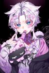  1boy animal_ears blue_eyes candy candy_wrapper colored_eyelashes eita_789 food food_in_mouth hair_ornament hairclip highres long_sleeves looking_at_viewer male_focus nail_polish original pale_skin sheep solo stuffed_toy white_hair 