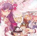  6+girls :3 :d alice_margatroid animal_ear_fluff animal_ears arm_up bangs black_headwear blonde_hair blue_kimono blue_ribbon blush book bottle bow branch cat_ears chen cherry_blossoms chibi choker closed_eyes closed_mouth commentary_request crescent crescent_hat_ornament dress earrings eating falling_petals fingernails food_in_mouth fox_tail green_headwear hair_ribbon hanami happy hat hat_bow hat_ornament hat_ribbon hitodama holding holding_book holding_bottle japanese_clothes jewelry kerok_(joniko1110) kimono kirisame_marisa kitsune laughing leaning_on_person long_hair long_sleeves mob_cap multiple_girls multiple_tails obi open_mouth party patchouli_knowledge petals pillow_hat pink_dress pink_hair pink_headwear puffy_sleeves purple_hair red_bow red_choker red_ribbon ribbon ribbon_choker rimless_eyewear saigyouji_yuyuko sash short_hair sidelocks single_earring smile solid_circle_eyes standing sweatdrop tail touhou tress_ribbon violet_eyes white_bow white_ribbon wine_bottle witch_hat yakumo_ran yakumo_yukari yellow_eyes 