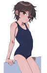  1girl bangs blue_swimsuit blush bouen brown_eyes brown_hair commentary_request covered_navel eyebrows_visible_through_hair flat_chest highres leaning_on_object looking_at_viewer one-piece_swimsuit original parted_lips short_hair simple_background solo sweat swimsuit tan tanlines 